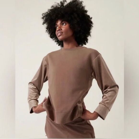 Athleta RetropLush Velvet Crewneck Sweatshirt NWT XS Brown - Picture 1 of 12